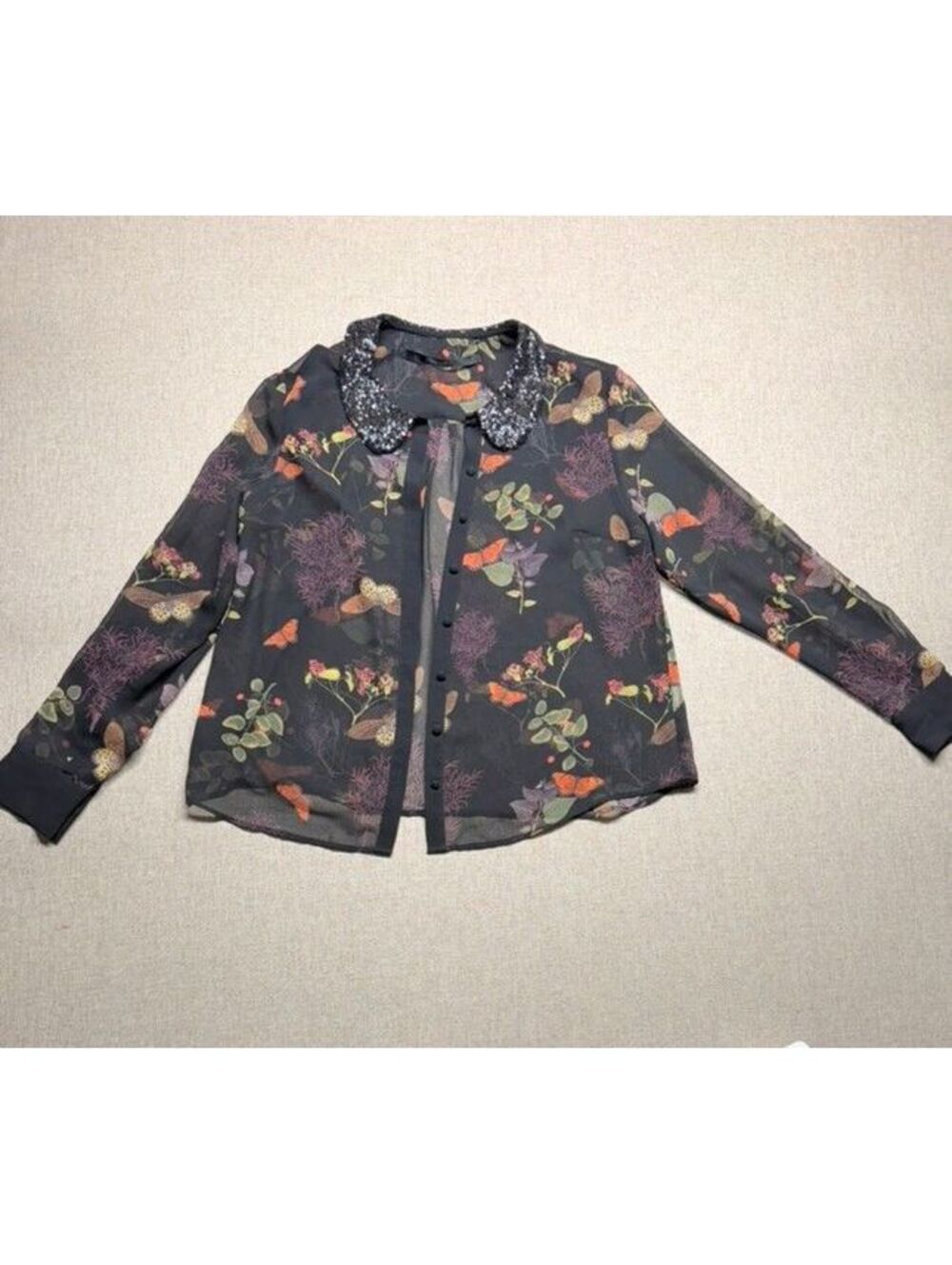 Kensie Black Butterfly Botanical Sheer Sequin Collar Blouse Size XS